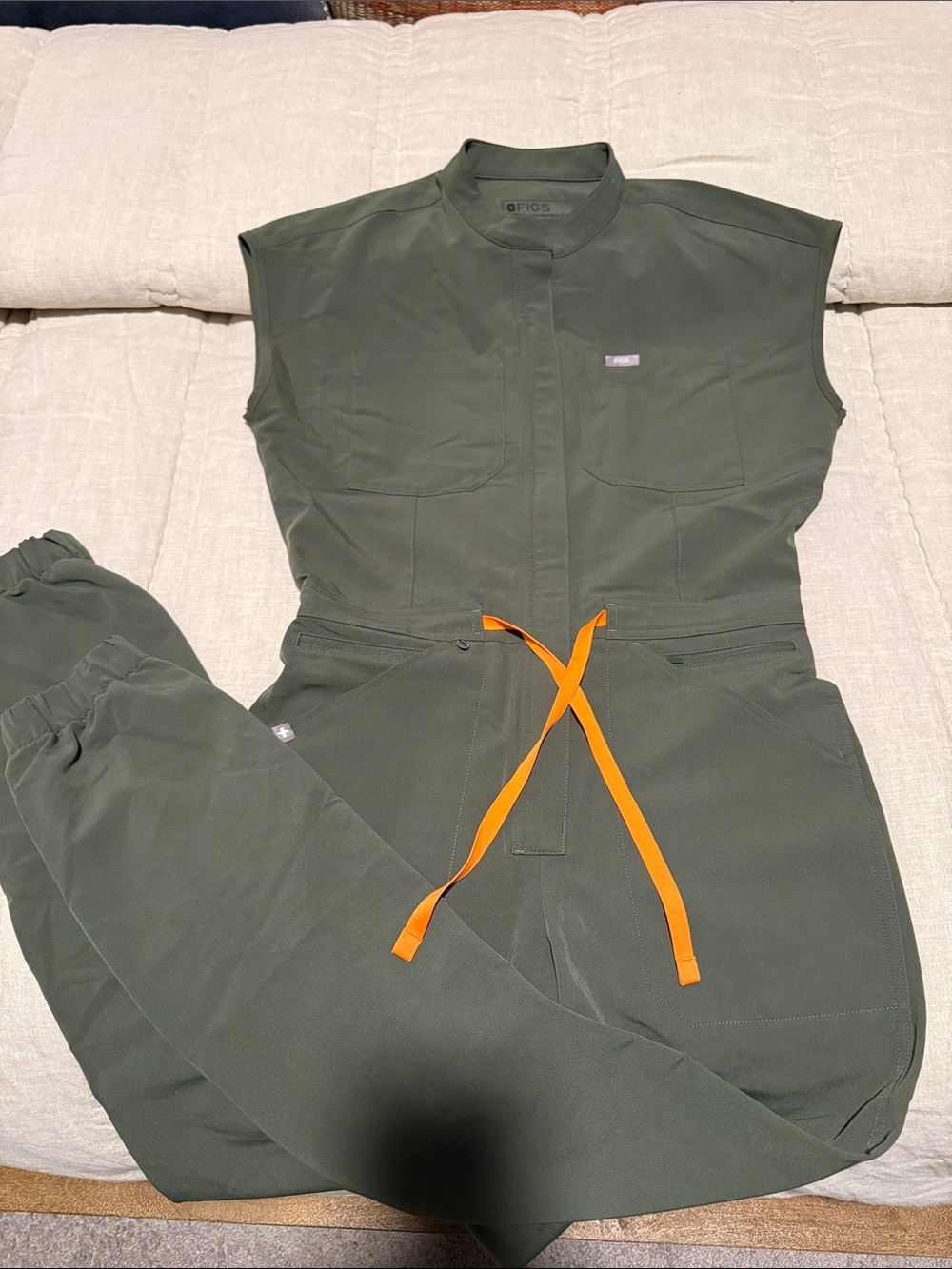 Figs Olive Green Jumpsuit with Orange Drawcord